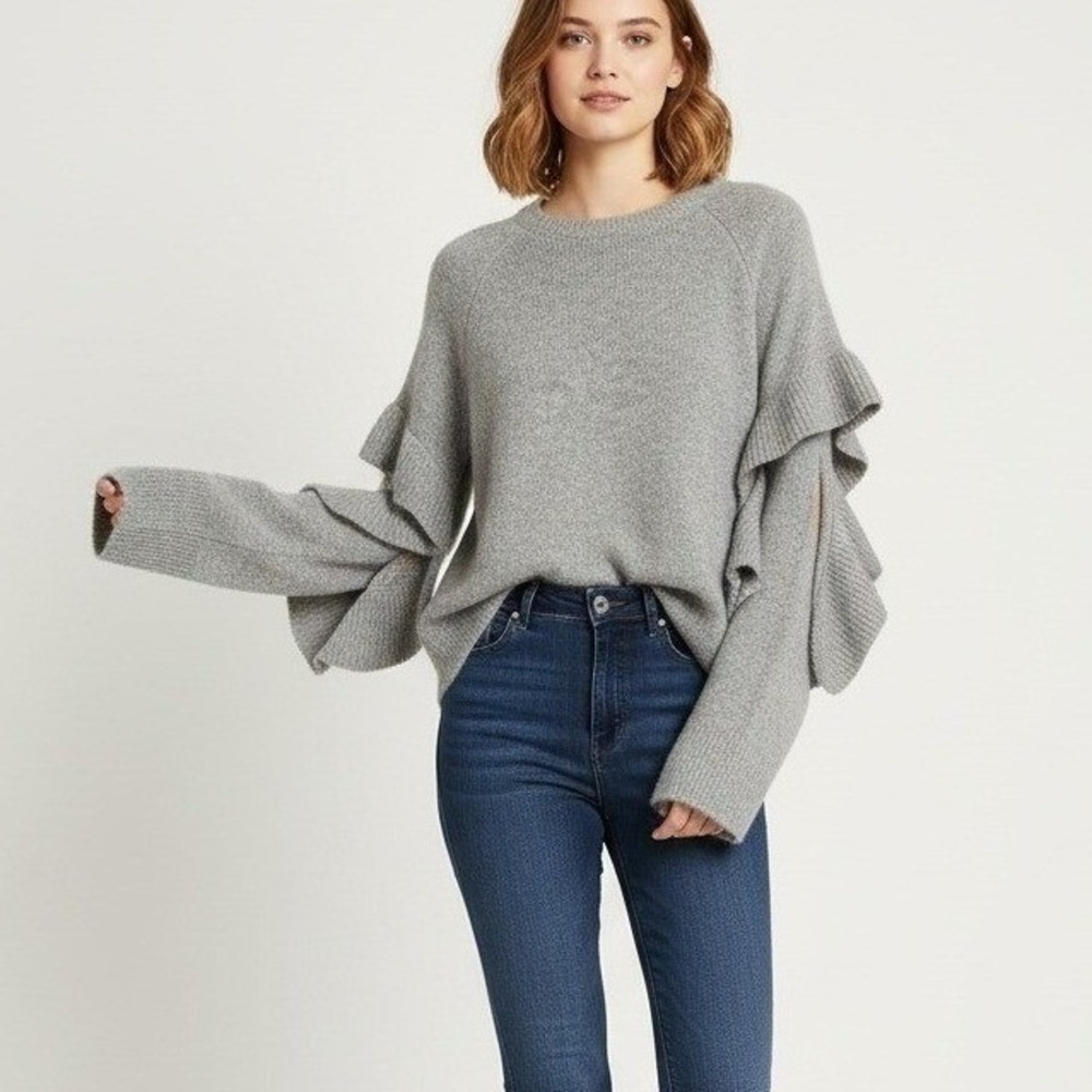 Gianni Bini Mohair Blend Elbow Cutout Ruffle Sleeve Sweater Gray Size L